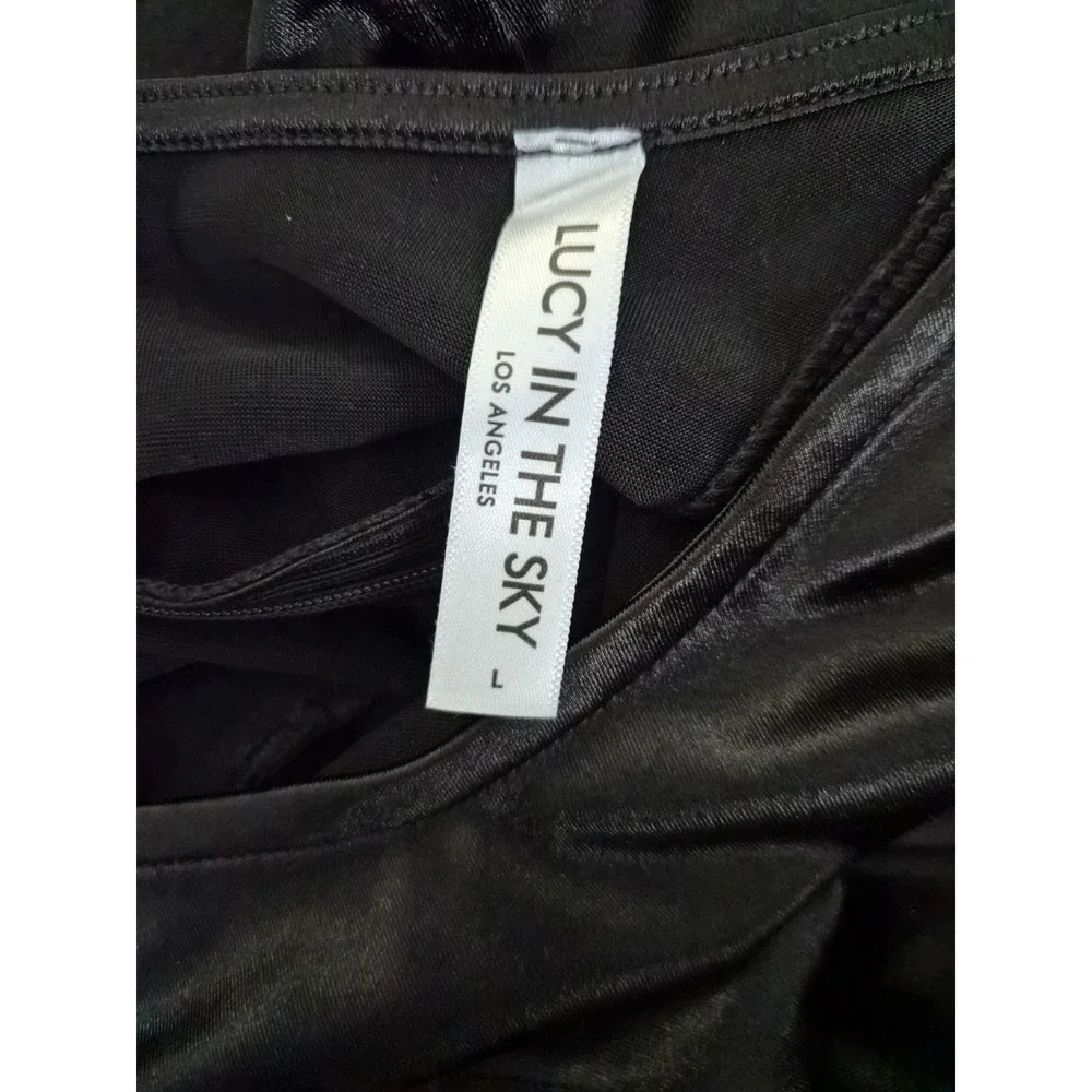 Lucy in the Sky Black Satin Bodycon Maxi Dress Square Neck‎ Cap Sleeve Evening